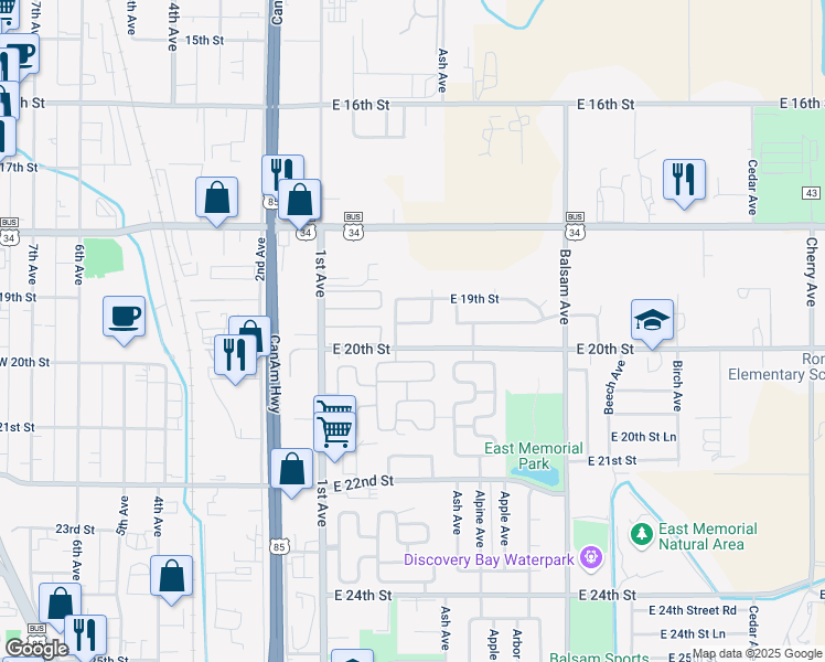 map of restaurants, bars, coffee shops, grocery stores, and more near 232 East 19th Street Road in Greeley