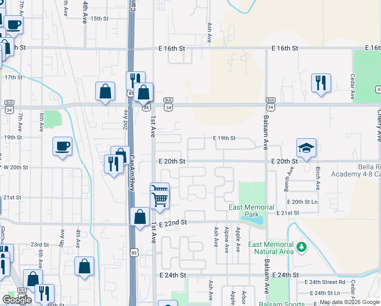 map of restaurants, bars, coffee shops, grocery stores, and more near 232 East 19th Street Road in Greeley