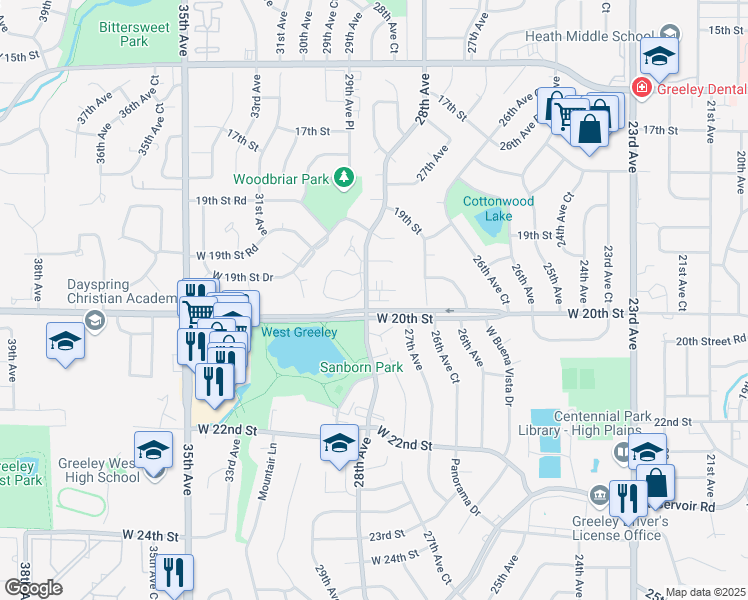 map of restaurants, bars, coffee shops, grocery stores, and more near 2720 West 19th Street Drive in Greeley