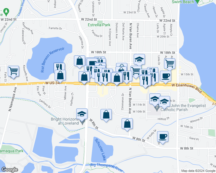 map of restaurants, bars, coffee shops, grocery stores, and more near 2188 West Eisenhower Boulevard in Loveland