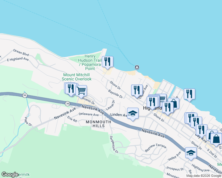 map of restaurants, bars, coffee shops, grocery stores, and more near 3 Mathews Street in Highlands
