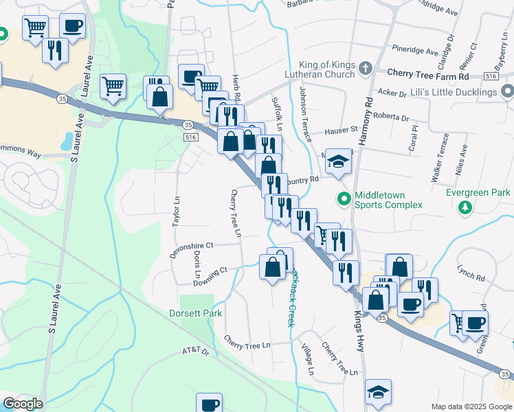 map of restaurants, bars, coffee shops, grocery stores, and more near 244 Cherry Tree Lane in Monmouth County