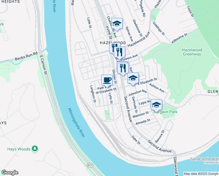 map of restaurants, bars, coffee shops, grocery stores, and more near 5032 Lytle Street in Pittsburgh