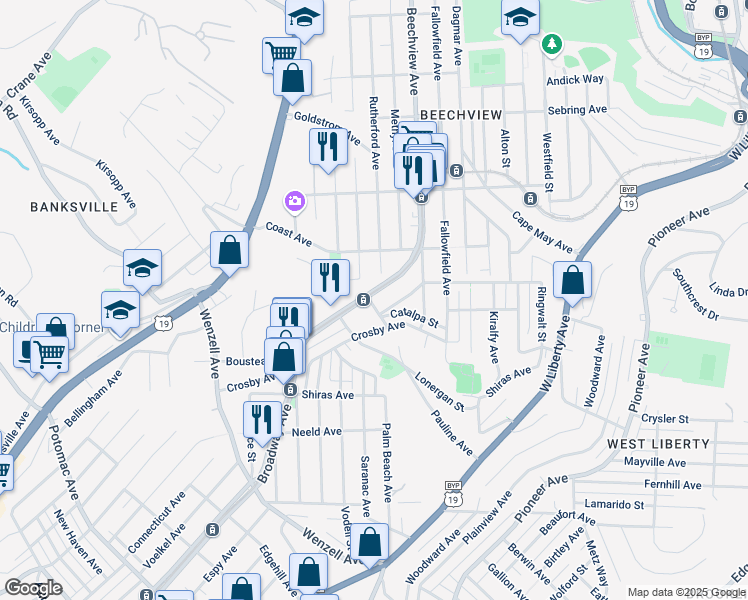 map of restaurants, bars, coffee shops, grocery stores, and more near 1817 Broadway Avenue in Pittsburgh
