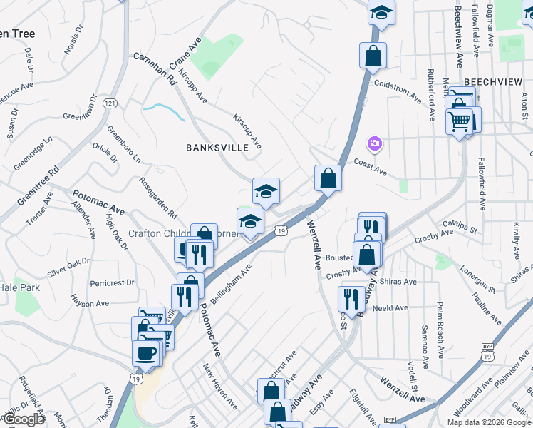 map of restaurants, bars, coffee shops, grocery stores, and more near 1001 Carnahan Road in Pittsburgh