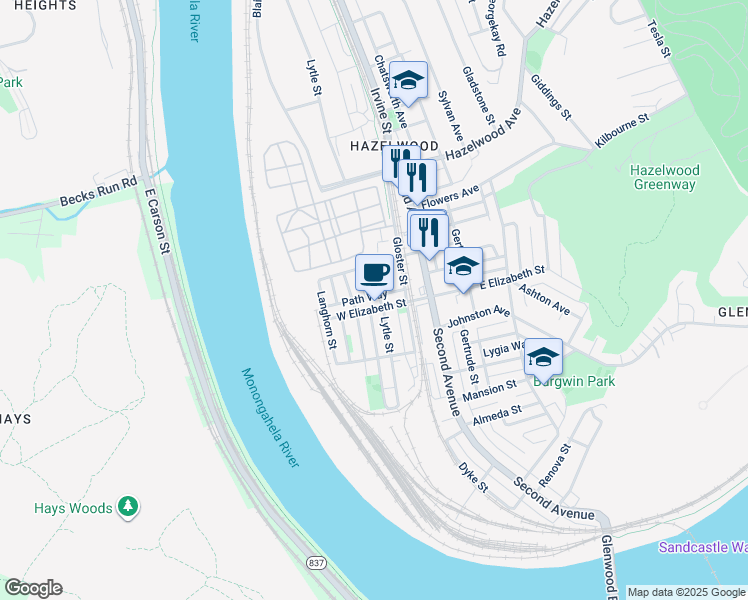 map of restaurants, bars, coffee shops, grocery stores, and more near 5032 Lytle St in Pittsburgh
