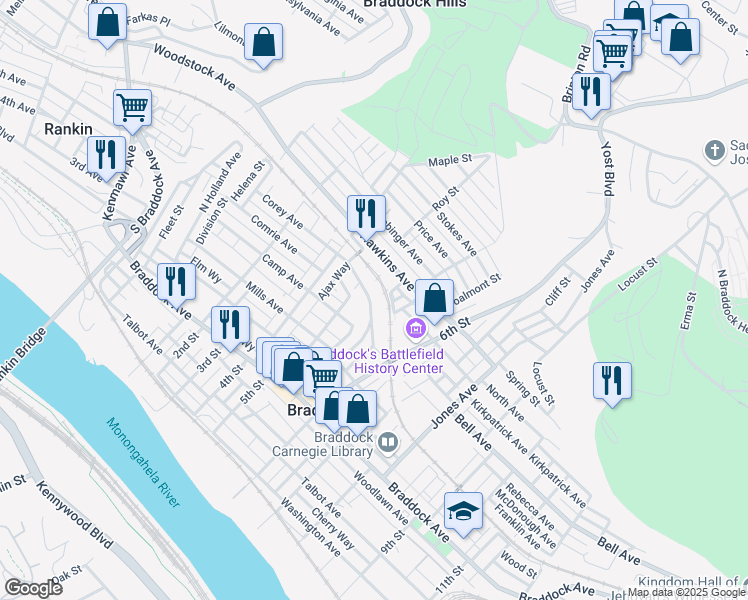map of restaurants, bars, coffee shops, grocery stores, and more near 529 Corey Avenue in Braddock