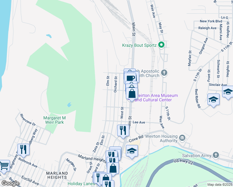 map of restaurants, bars, coffee shops, grocery stores, and more near 3110 Orchard Street in Weirton