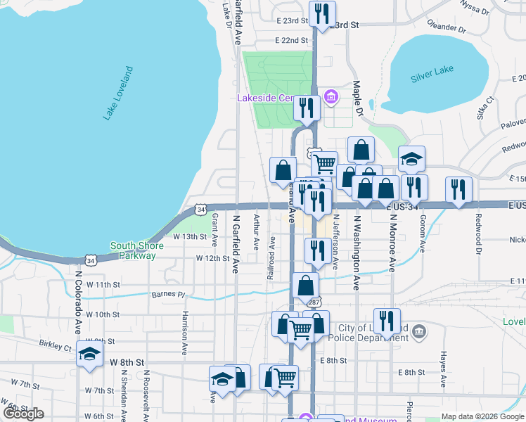 map of restaurants, bars, coffee shops, grocery stores, and more near 1346 Arthur Avenue in Loveland