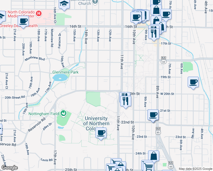 map of restaurants, bars, coffee shops, grocery stores, and more near 1925 12th Avenue in Greeley