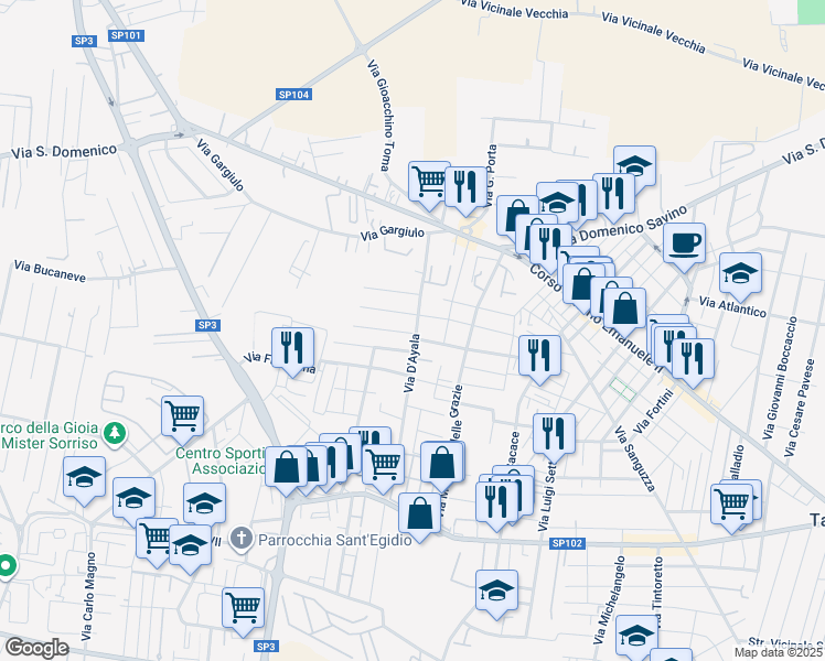 map of restaurants, bars, coffee shops, grocery stores, and more near 14 Via D'Ayala in Taranto