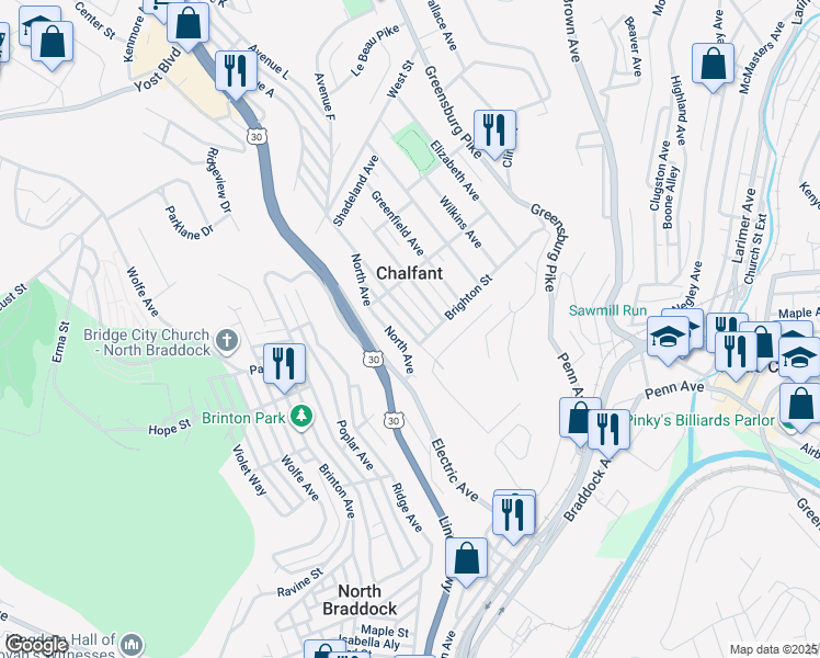 map of restaurants, bars, coffee shops, grocery stores, and more near 114 Parkway Avenue in East Pittsburgh