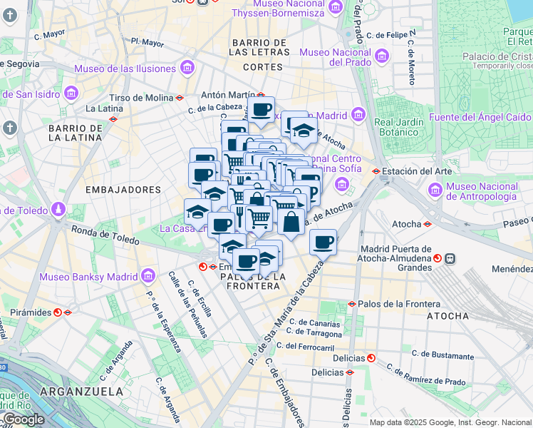 map of restaurants, bars, coffee shops, grocery stores, and more near 33 Calle Doctor Fourquet in Madrid