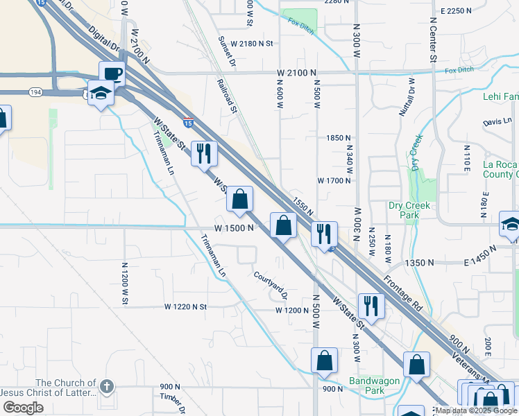 map of restaurants, bars, coffee shops, grocery stores, and more near 1898 West State Street in Lehi