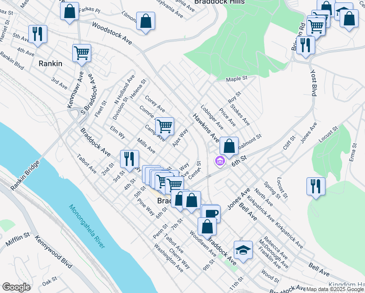 map of restaurants, bars, coffee shops, grocery stores, and more near 609 5th Street in Braddock