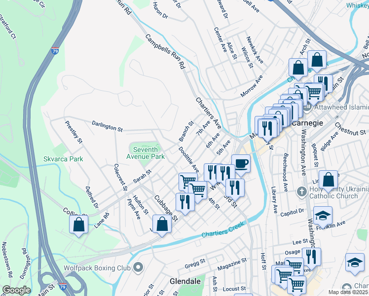 map of restaurants, bars, coffee shops, grocery stores, and more near 332 7th Ave in Carnegie