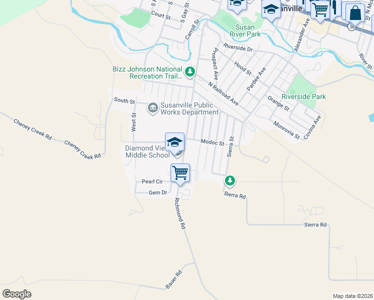 map of restaurants, bars, coffee shops, grocery stores, and more near 978-1338 Richmond Rd in Susanville