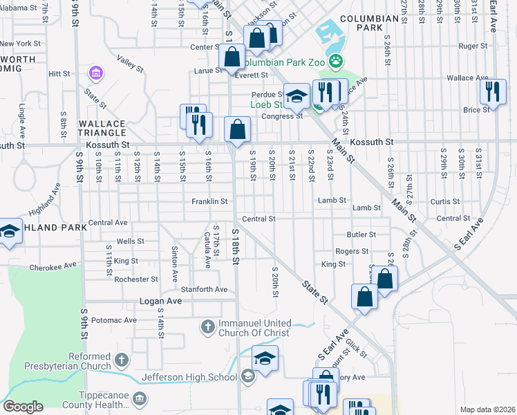 map of restaurants, bars, coffee shops, grocery stores, and more near 1013 South 19th Street in Lafayette
