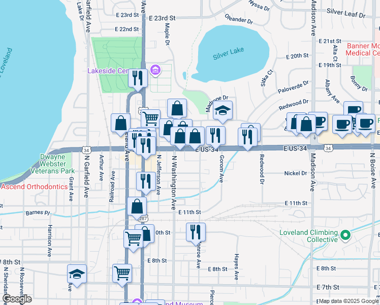 map of restaurants, bars, coffee shops, grocery stores, and more near 640 East Eisenhower Boulevard in Loveland