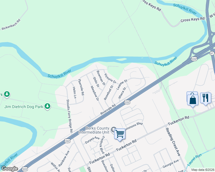 map of restaurants, bars, coffee shops, grocery stores, and more near 1017 Sunny Ridge Road in Reading