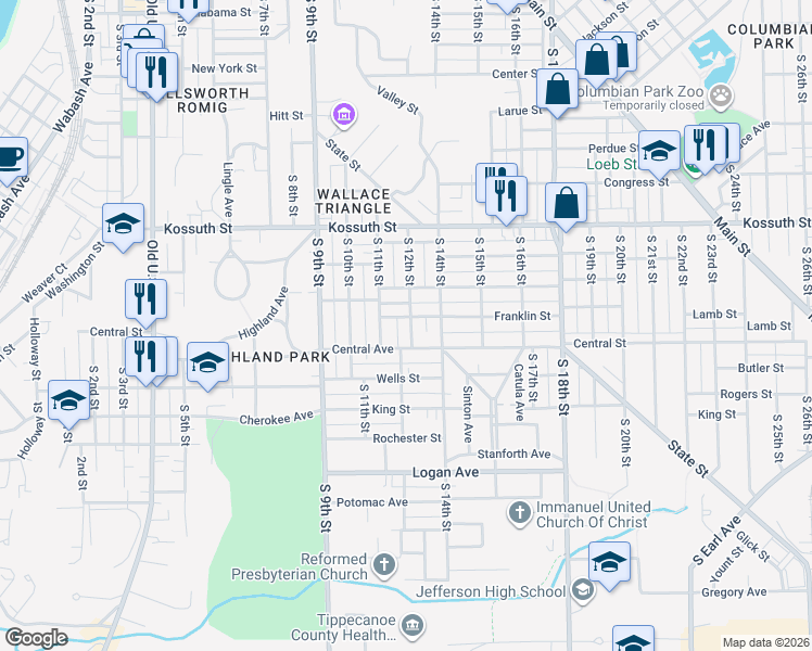 map of restaurants, bars, coffee shops, grocery stores, and more near 1008 South 12th Street in Lafayette