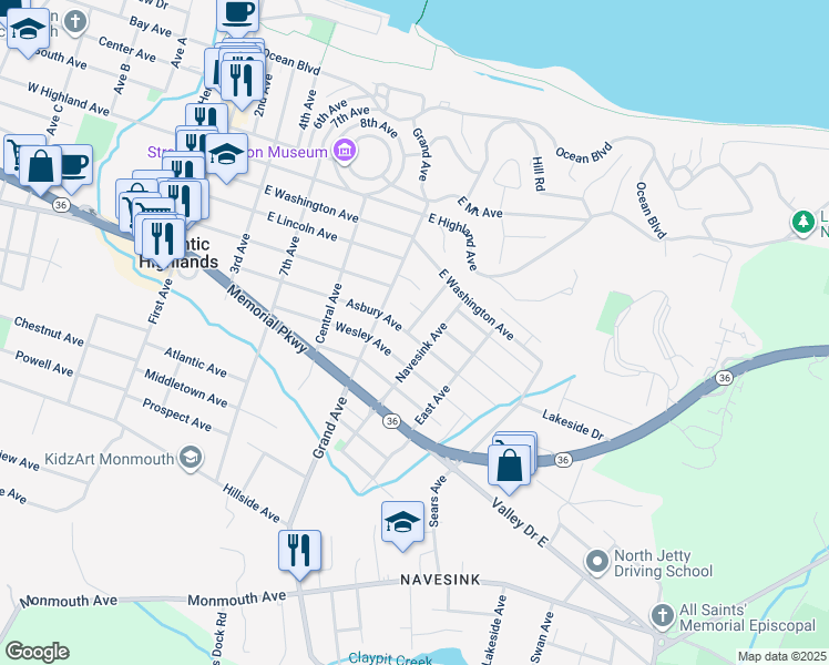 map of restaurants, bars, coffee shops, grocery stores, and more near 28 Hudson Avenue in Atlantic Highlands