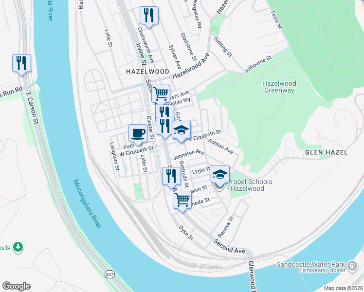 map of restaurants, bars, coffee shops, grocery stores, and more near 5115 Second Avenue in Pittsburgh