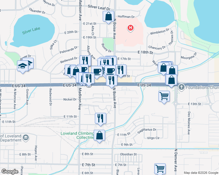 map of restaurants, bars, coffee shops, grocery stores, and more near 1600 East Eisenhower Boulevard in Loveland
