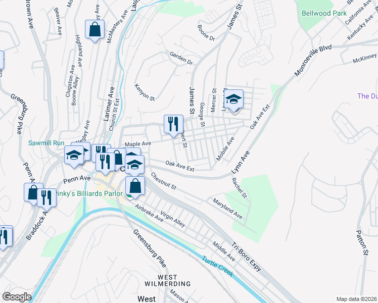 map of restaurants, bars, coffee shops, grocery stores, and more near 329 Albert Street in Turtle Creek