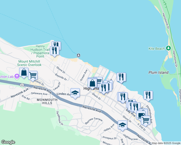 map of restaurants, bars, coffee shops, grocery stores, and more near 14 Beach Boulevard in Highlands