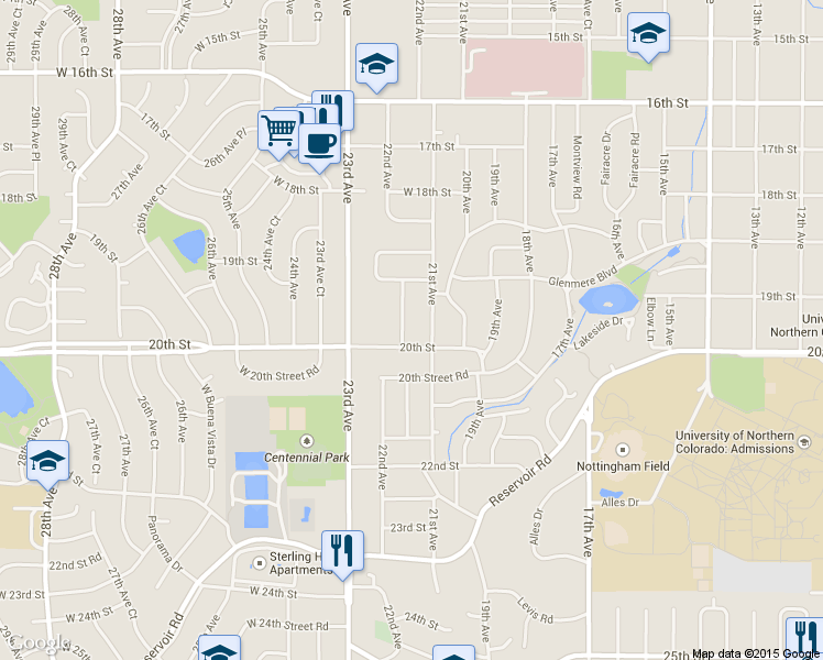 map of restaurants, bars, coffee shops, grocery stores, and more near 1940 21st Avenue Court in Greeley