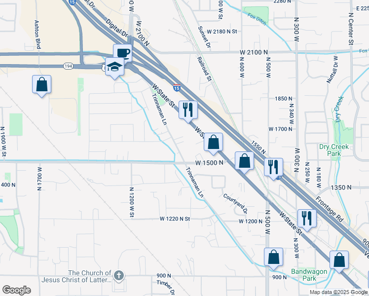 map of restaurants, bars, coffee shops, grocery stores, and more near 1530 Trinnaman Ln in Lehi