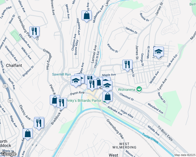 map of restaurants, bars, coffee shops, grocery stores, and more near 227 Grant Street in Turtle Creek