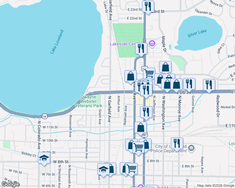 map of restaurants, bars, coffee shops, grocery stores, and more near 1365 Arthur Avenue in Loveland