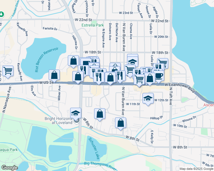 map of restaurants, bars, coffee shops, grocery stores, and more near 2098 West Eisenhower Boulevard in Loveland
