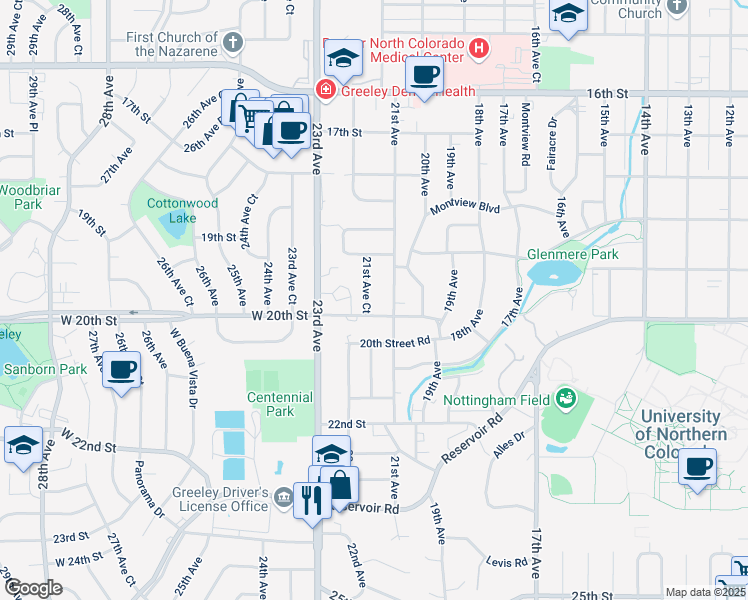 map of restaurants, bars, coffee shops, grocery stores, and more near 1940 21st Avenue Court in Greeley