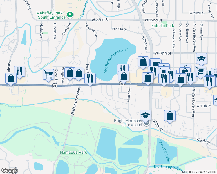 map of restaurants, bars, coffee shops, grocery stores, and more near 1315 Pine Street in Loveland