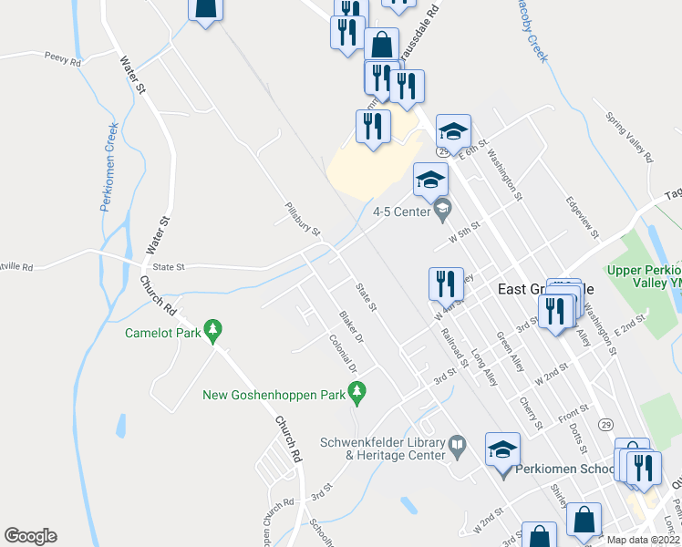 map of restaurants, bars, coffee shops, grocery stores, and more near 542 State Street in East Greenville