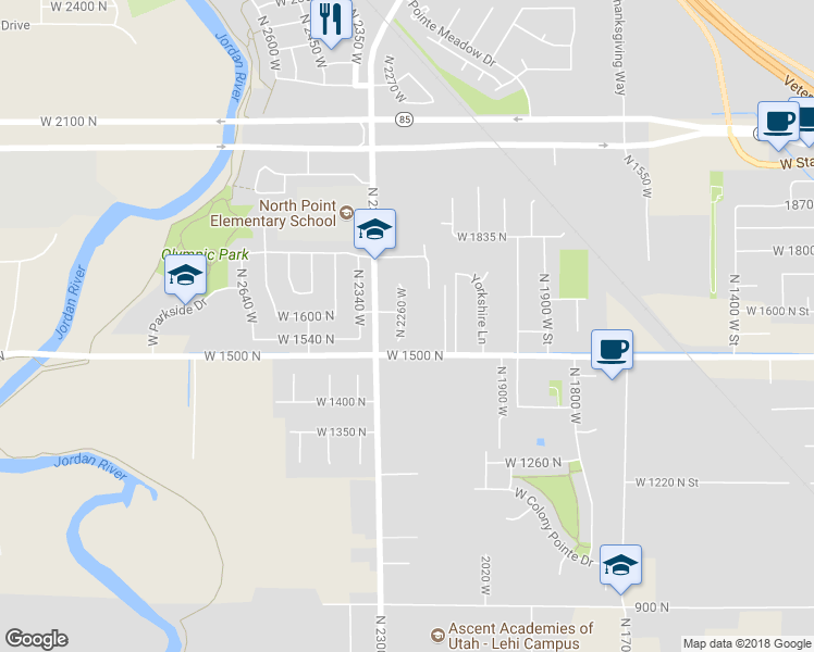 map of restaurants, bars, coffee shops, grocery stores, and more near 1576 North 2260 West in Lehi