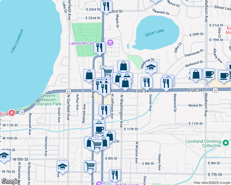map of restaurants, bars, coffee shops, grocery stores, and more near 376 East Eisenhower Boulevard in Loveland
