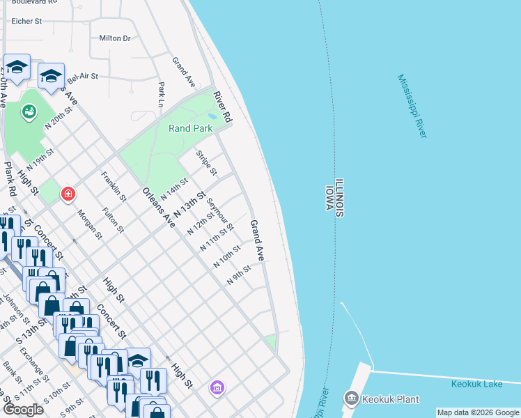 map of restaurants, bars, coffee shops, grocery stores, and more near 1031 Grand Avenue in Keokuk