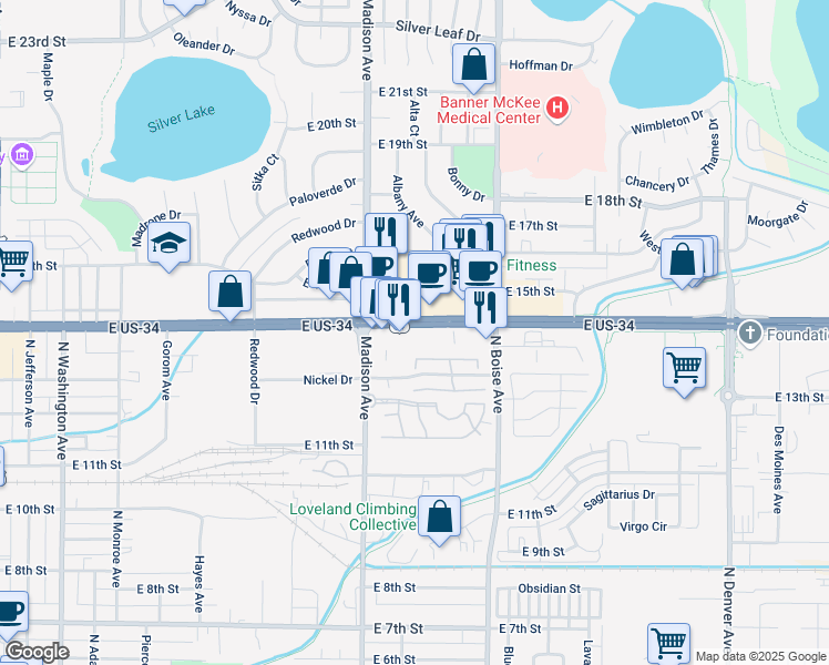 map of restaurants, bars, coffee shops, grocery stores, and more near 1400 U.S. 34 in Loveland