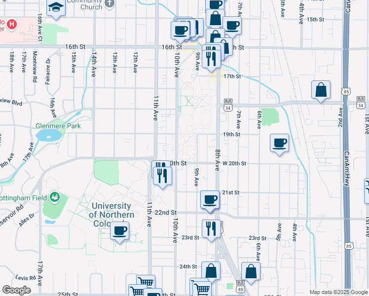 map of restaurants, bars, coffee shops, grocery stores, and more near 1910 10th Avenue in Greeley