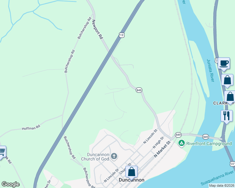 map of restaurants, bars, coffee shops, grocery stores, and more near 71 Newport Road in Duncannon