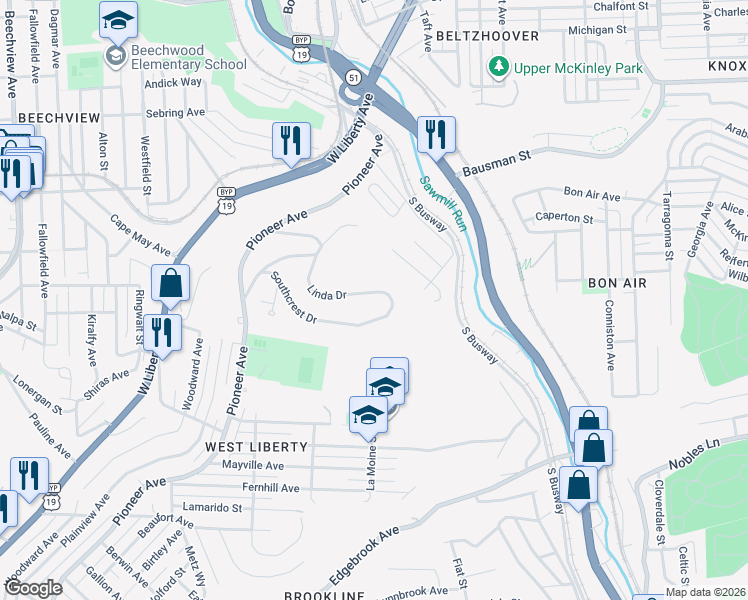map of restaurants, bars, coffee shops, grocery stores, and more near 798 Linda Drive in Pittsburgh