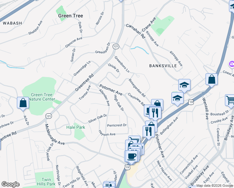 map of restaurants, bars, coffee shops, grocery stores, and more near 2403 Potomac Avenue in Pittsburgh
