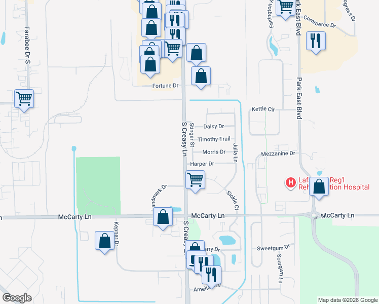 map of restaurants, bars, coffee shops, grocery stores, and more near 2852 Morris Drive in Lafayette
