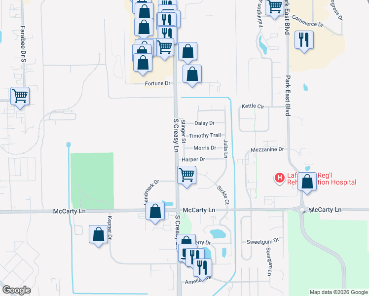 map of restaurants, bars, coffee shops, grocery stores, and more near 2852 Morris Drive in Lafayette