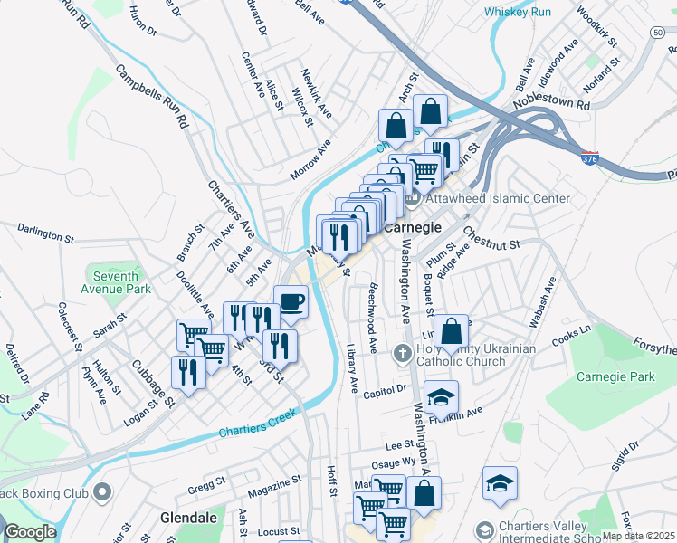 map of restaurants, bars, coffee shops, grocery stores, and more near 40 East Main Street in Carnegie