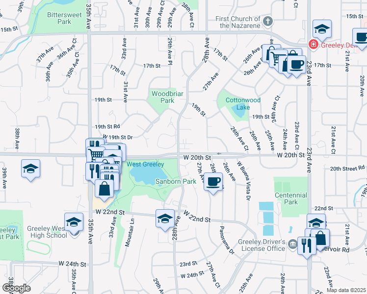 map of restaurants, bars, coffee shops, grocery stores, and more near 2720 West 19th Street Drive in Greeley